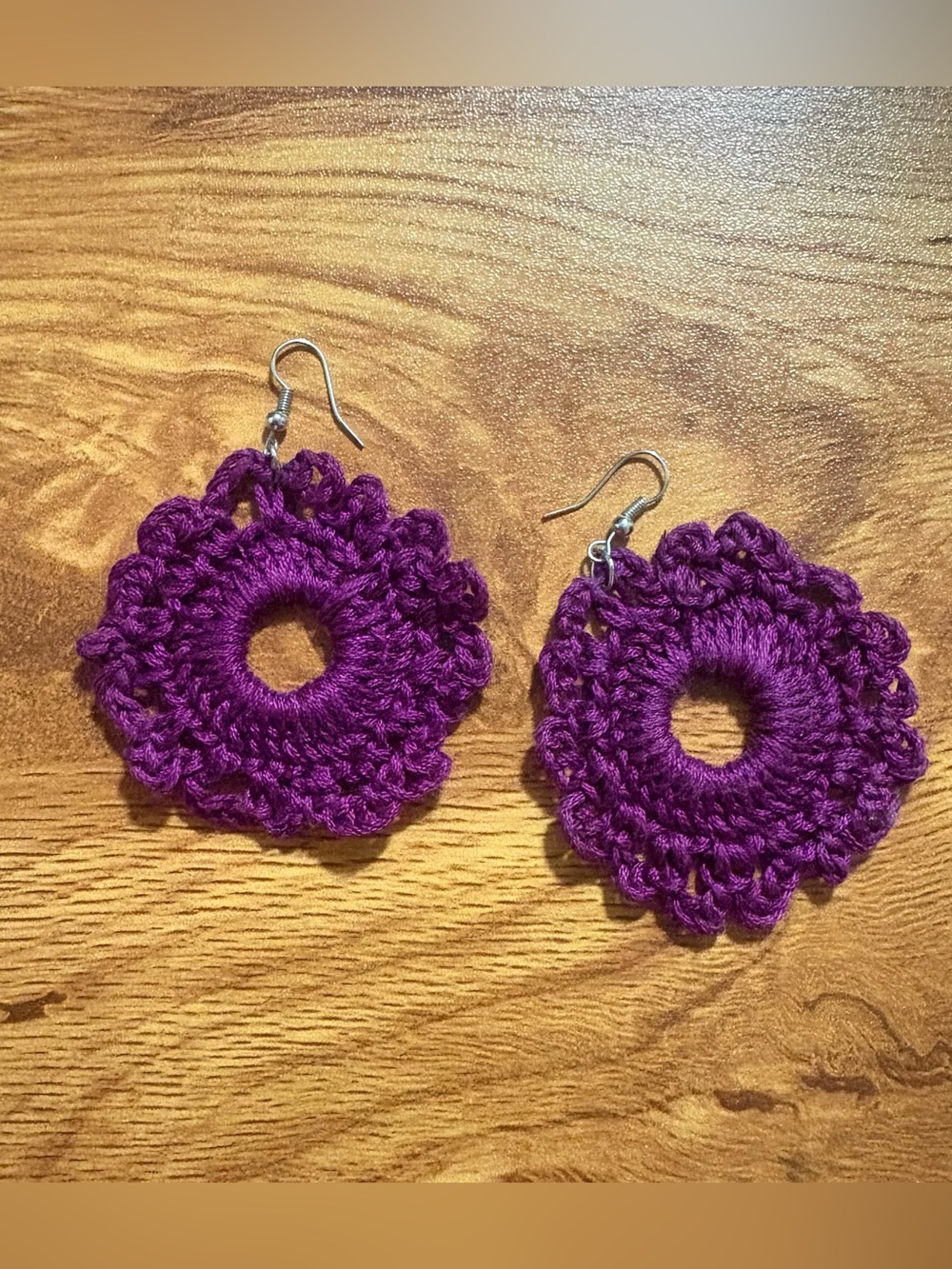 Hand Crafted Violet Crochet Floral Hoop Earrings